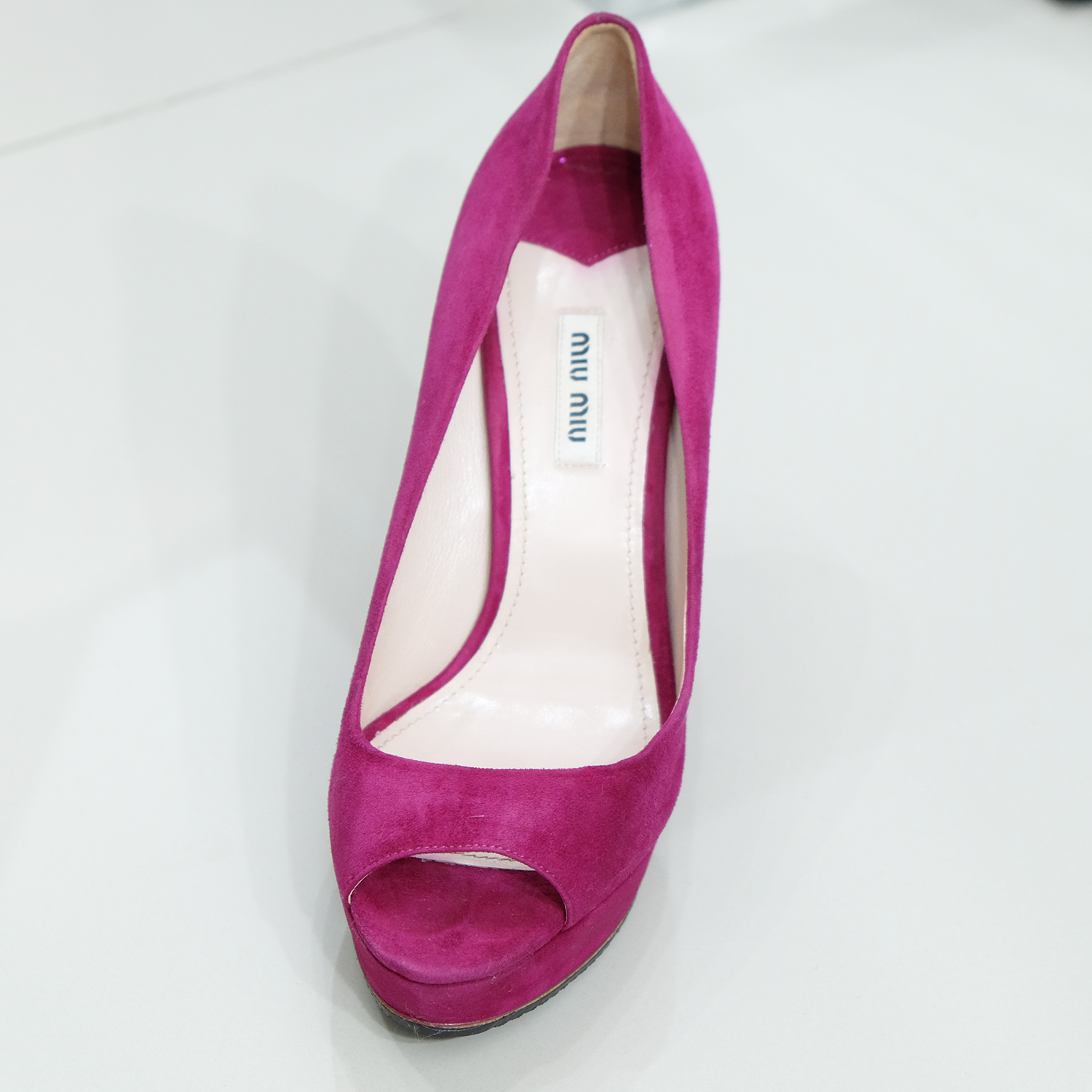 Miu Miu Fushia Pink Suede (Goat) Peep Toes Glitter Heel 5.5" Size 40