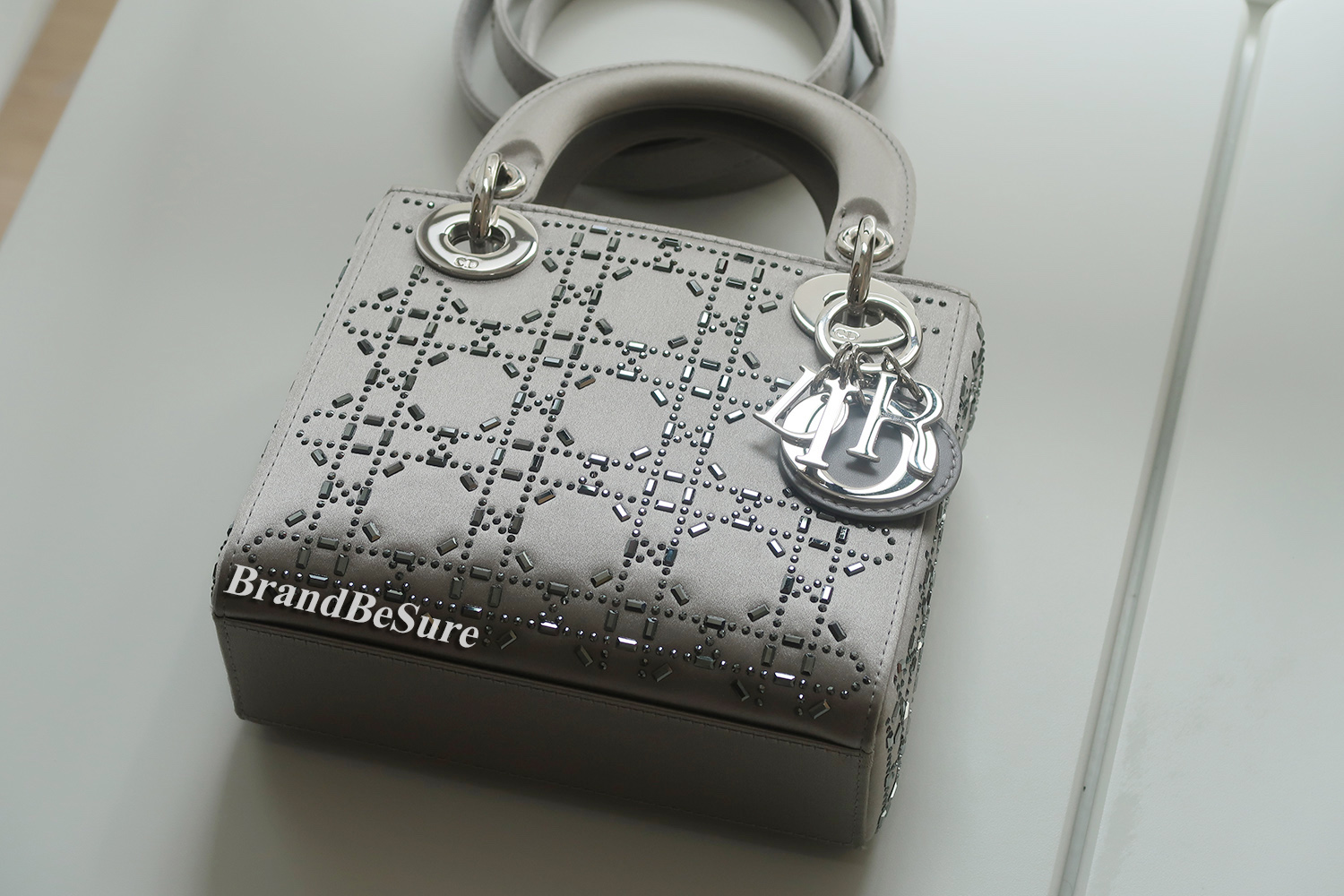 Christian Dior Grey Strass Cannage Satin Mini Lady Dior SHW