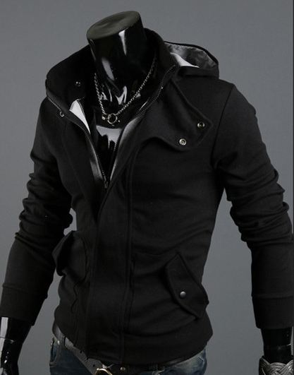 เสื้อกันหนาวผู้ชาย เสื้อคลุมผู้ชายแขนยาว มีฮูด เสื้อ Jacket ซิปหน้า เนื้อผ้าใส่สบาย มีกระเป๋าข้าง ดีไซน์ 2 ชั้น สีดำ 67516