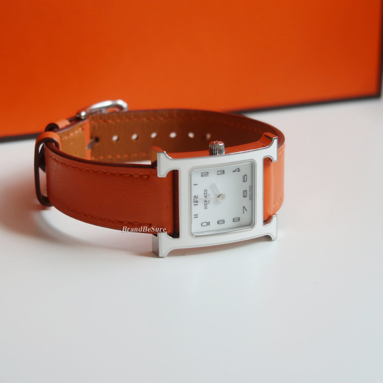 Hermes White Enamel Orange Swift H Hour PM Watch