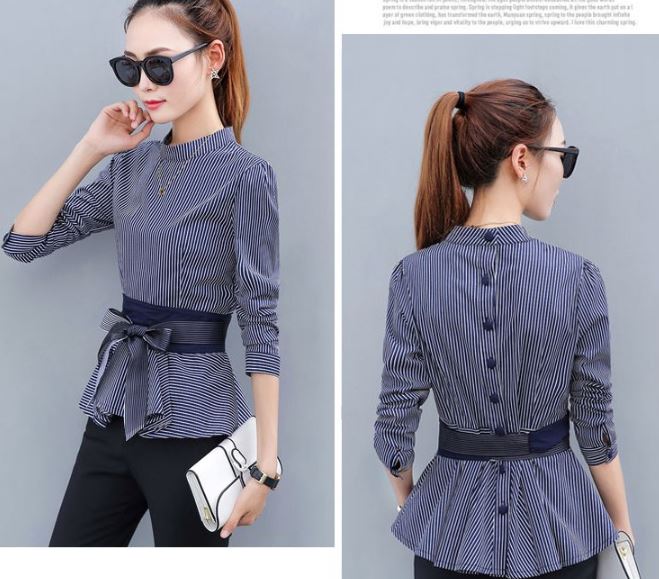 เสื้อเชิ้ตผู้หญิง เสื้อเชิ้ตแขนยาว ใส่ทำงาน แฟชั่นดีไซน์ สำหรับ สาวหุ่นดี มีเอว ดีไซน์ ผ้าคาดเอว แบบสาวมั่น ลุ๊คเท่ ๆ 753169