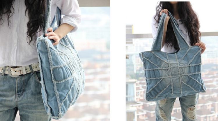 กระเป๋าถือ กระเป๋าสะพาย กระเป๋าผ้ายีนส์ ใบใหญ่ ใส่ของได้เยอะ สไตล์ สาวเท่ วินเทจ ดีไซน์ ลาย ธงอังกฤษ 819256