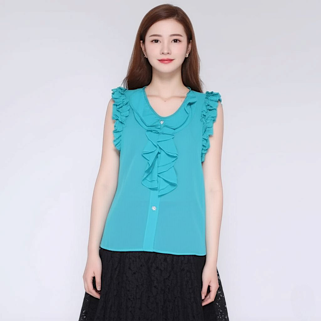 Blouse1758 เสื้อแฟชั่น คอระบาย กระดุมอก แขนกุดแต่งระบาย ผ้าชีฟองเนื้อทราย สีเขียวมิ้นท์
