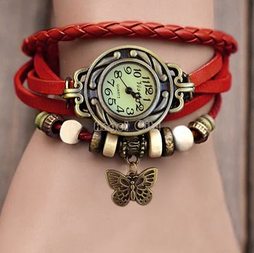 นาฬิกาข้อมือผู้หญิง นาฬิกา สายหนังถัก สไตล์วินเทจ สีแดงสด ห้อยจี้รูปผีเสื้อ ของขวัญ น่ารัก ๆ ให้แฟน no 7808