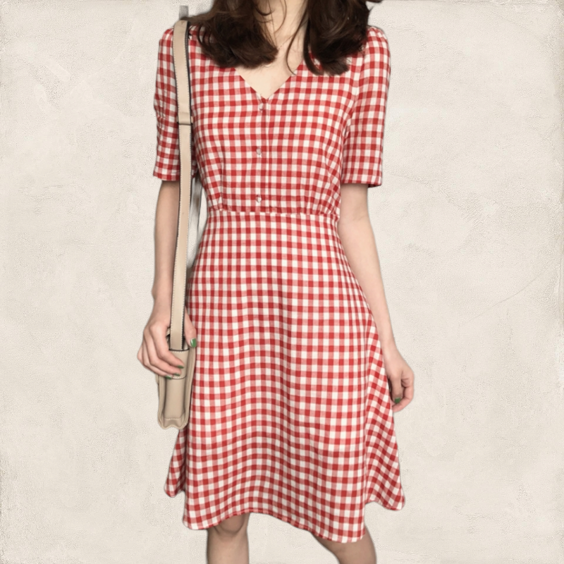Dress4549 เดรสลายสก็อตคอวีกระดุมหน้าแกะได้ ซิปหลังใส่ง่าย มีผ้าผูกเอว ผ้าคอตตอนลินินเนื้อดีใส่สบาย งานดีทรงดี ทรงนี้น่ารักใส่ได้เรื่อยๆ ใส่ทำงาน/ใส่เที่ยว ชุดเดียวจบ มี 2 สี เหลือง, แดง