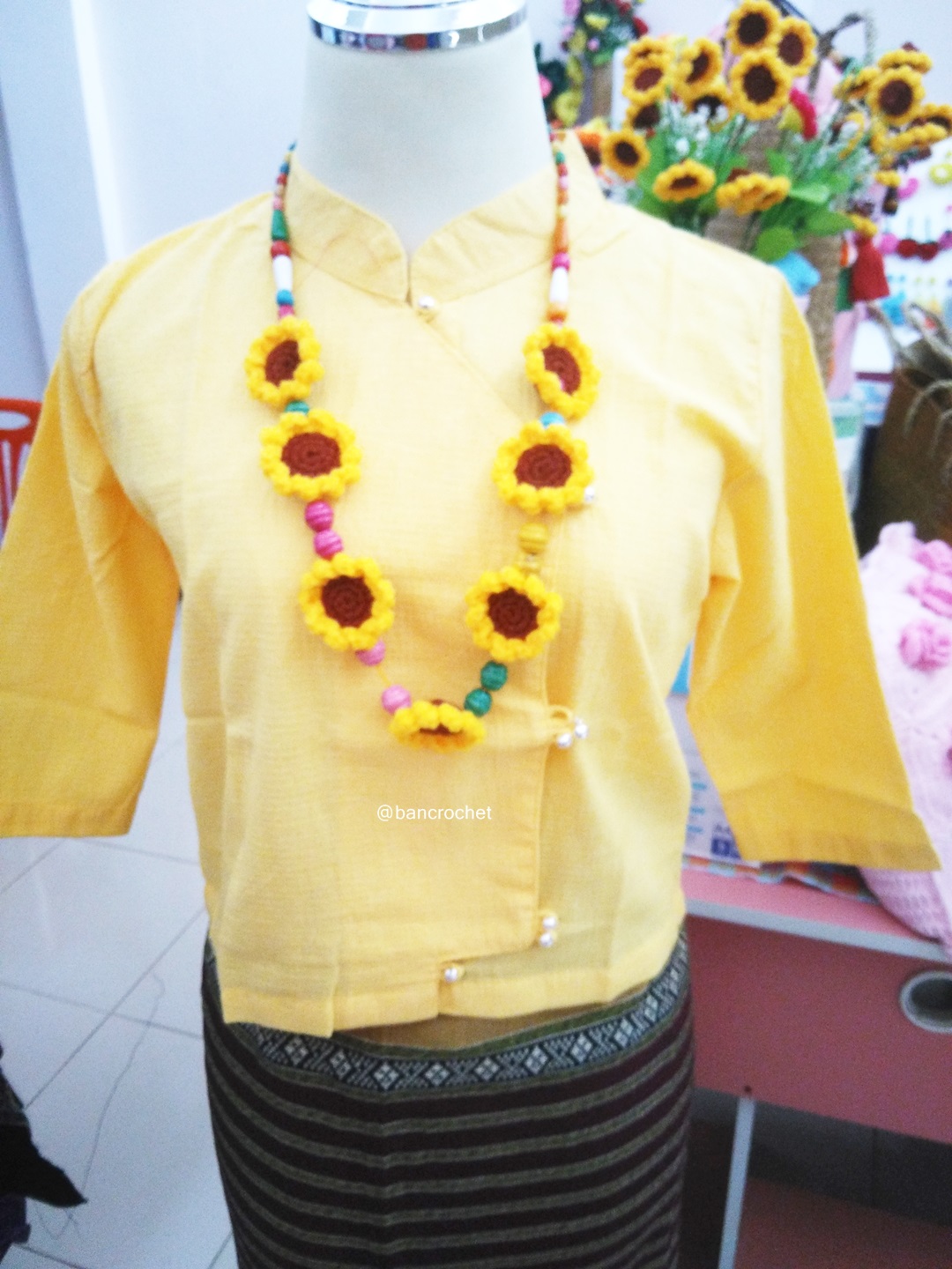 Bancrochet สร้อยคอุถักโครเชต์ necklace crochet สีเหลือง 16 นิ้ว