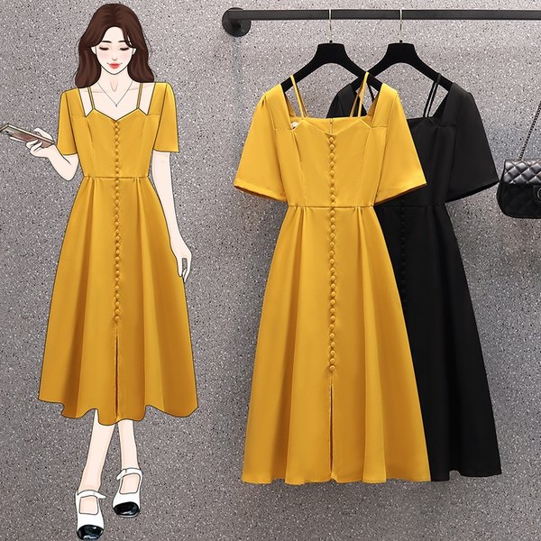 เดรสคนอ้วน เดรสสาวอวบ ชุดเดรสคนอ้วนวัยรุ่นแขนสั้น BY PLUS SIZE Girl