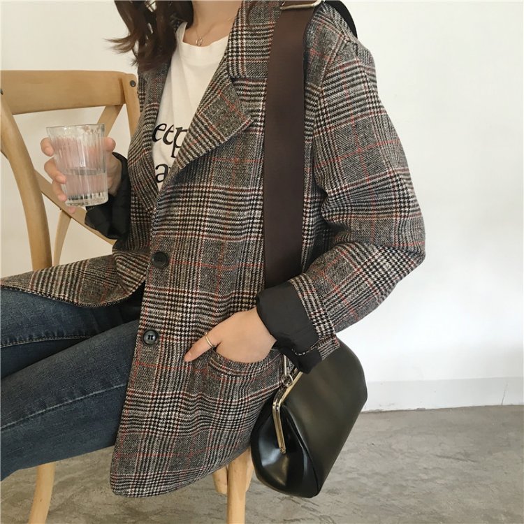 Korea Minimal Coat เสื้อคลุม ตัวสั้น สไตล์เกาหลี ผ้าทอลายสก๊อต บุซับในกันลม