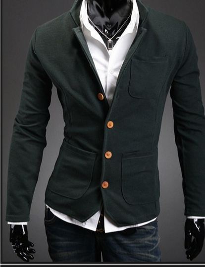 เสื้อสูท ผู้ชาย เสื้อ Jacket นอก แขนยาว ผ้า Cotton กระดุมหน้า สีเขียวแก่ สีเข้ม มีกระเป๋า หน้า หลายจุด เสื้อคลุม คอปก ดีไซน์ เก๋ 278521_2