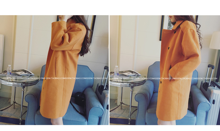 เสื้อโค้ทกันหนาว สีส้ม ทรงยาวโคล่ง แต่งกระดุุม 2 แถว ผ้าวูลผสมสักกะหลาด บุซับในกันลม พร้อมส่ง สีส้มโทนเดียวกับในภาพเลยค่า