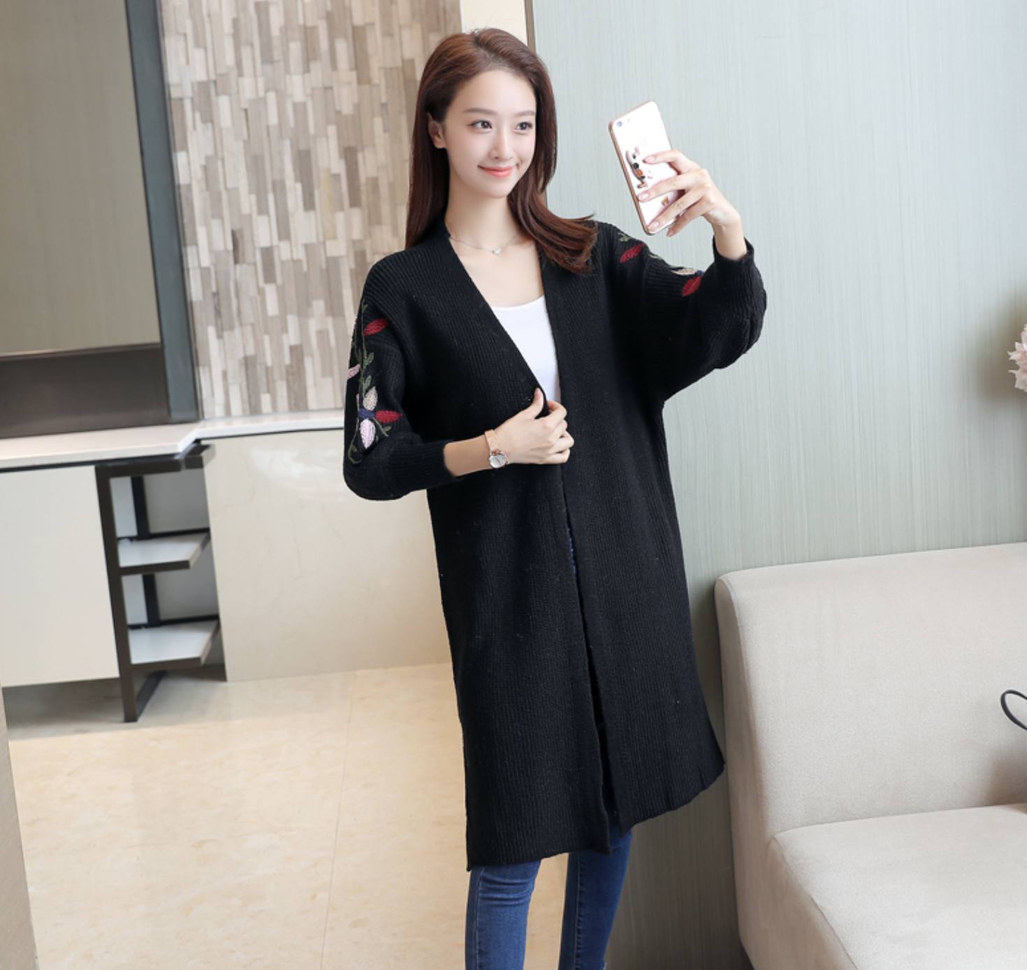 เสื้อคลุมไหมพรม ปักลายดอกไม้ แขน 4 ส่วน สีดำพร้อมส่ง