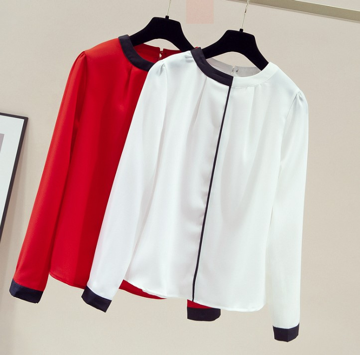 เสื้อเชิ้ตผู้หญิง ผ้าซีฟอง แขนยาว เสื้อเชิ้ต คอกลม แบบเก๋ ๆ สีขาว และ สีแดง ตัดสีที่คอ แบบเก๋ ๆ 448190