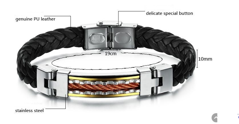 สร้อยข้อมือผู้ชาย กำไลข้อมือผู้ชาย หนังถัก สีดำ ออกแบบตกแต่ง ด้วย สแตนเลส สีเงิน ทอง ทองแดง สวยหรู ไม่ลอกไม่ดำ no 632247