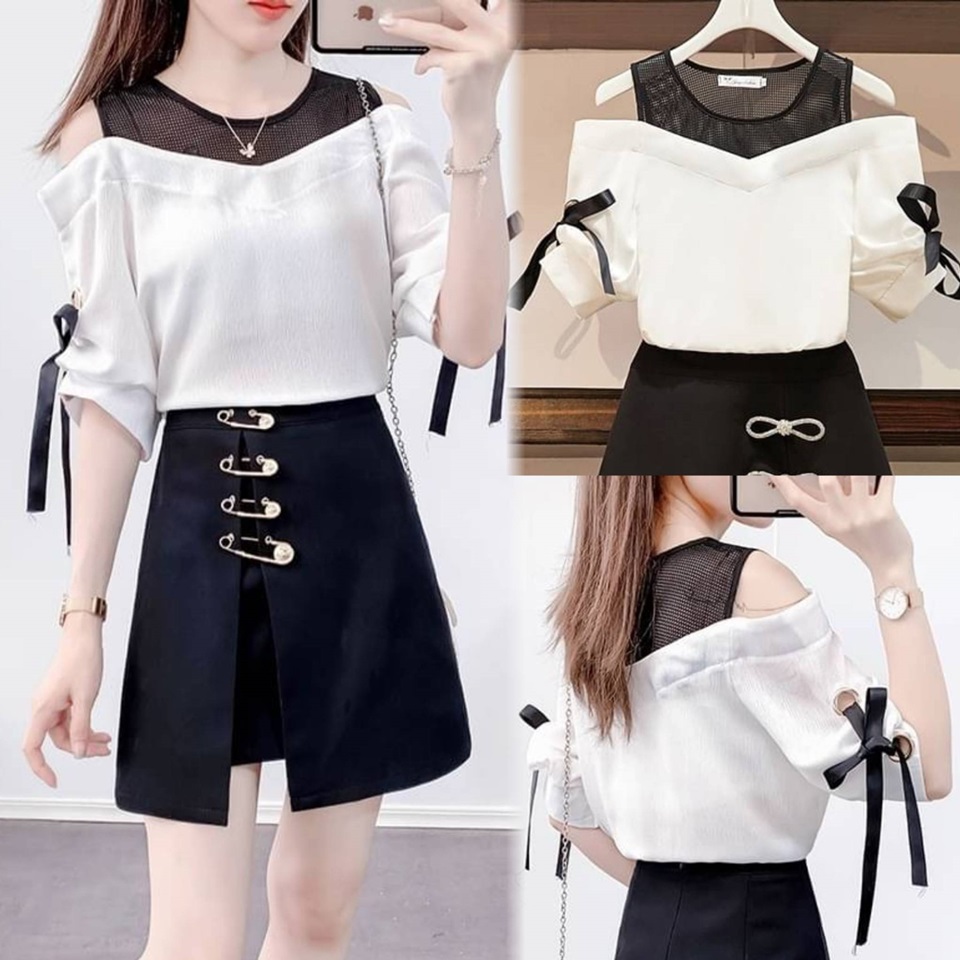 Blouse3794 เสื้อแฟชั่นเว้าไหล่ ช่วงบ่าแต่งผ้าตาข่ายสีดำ แขนผูกโบว์เก๋ๆ ผ้าโพลีเนื้อดีหนาทึบแสงสีพื้นขาว งานน่ารักผ้าเนื้อดีนุ่มใส่สบาย แมทช์กับกระโปรงหรือกางเกงได้หลายสไตล์