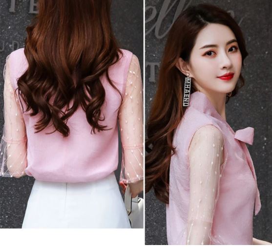 เสื้อเชิ้ตผู้หญิง เสื้อเชิ้ต ผ้าซีฟอง ใส่ทำงาน แบบน่ารัก สไตล์คุณหนู แต่งโบว์ ที่คอ แบบเก๋ ดีไซน์สวย 947109
