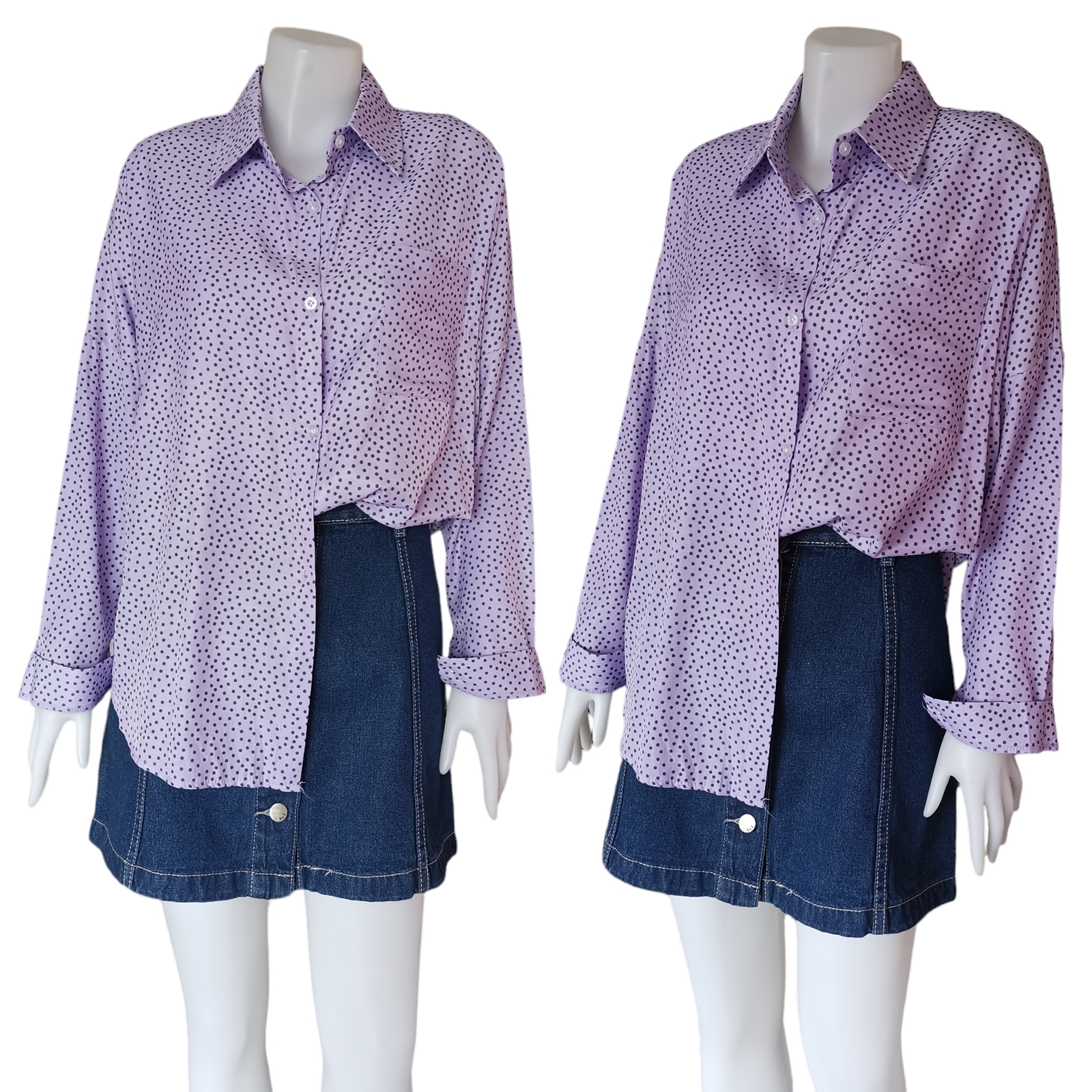Blouse4084 เสื้อเชิ้ตแขนยาวลายจุด กระดุมผ่าหน้า กระเป๋าอก 1 ข้าง ผ้าคอตตอนโพลีเนื้อดีมีน้ำหนักทิ้งตัวใส่สบาย ใส่เที่ยว/ใส่ทำงานได้ มี 3 สี ส้ม, ฟ้า, ม่วง