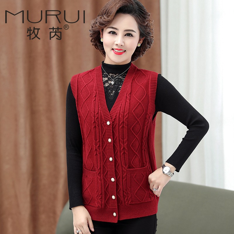 เสื้อสเวตเตอร์หญิงวัยกลางคนและผู้สูงอายุ, แม่ 50-60 ปี, เสื้อกั๊กฤดูใบไม้ร่วง, คาร์ดิแกนถักนิตติ้งขนาดใหญ่, สวมใส่ด้านนอก