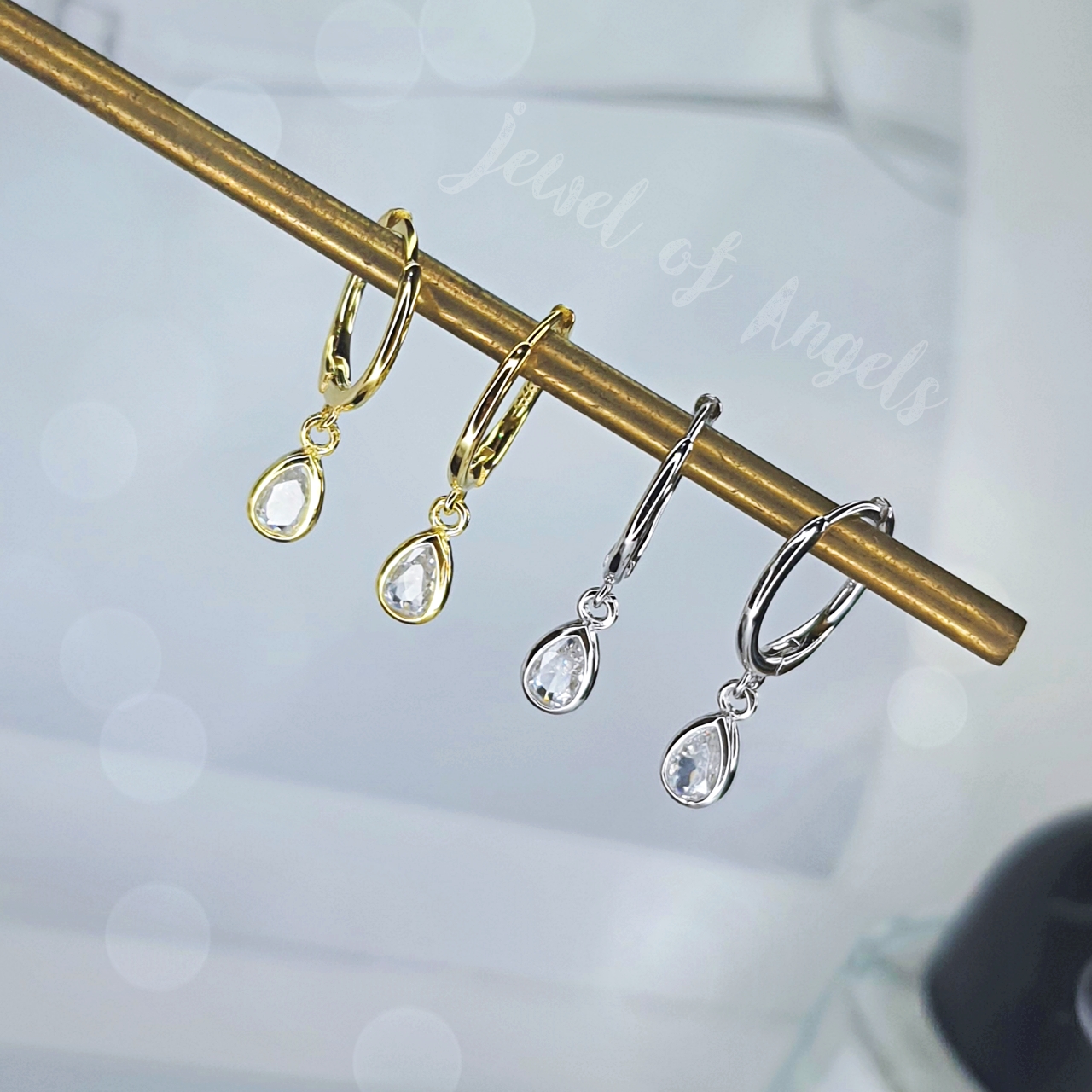 ต่างหูห่วงเงินแท้ S925 รุ่น Mist ต่างหูห่วงเล็ก เพชรCZรูปหยดน้ำ สีเงิน สีทอง Silver925
