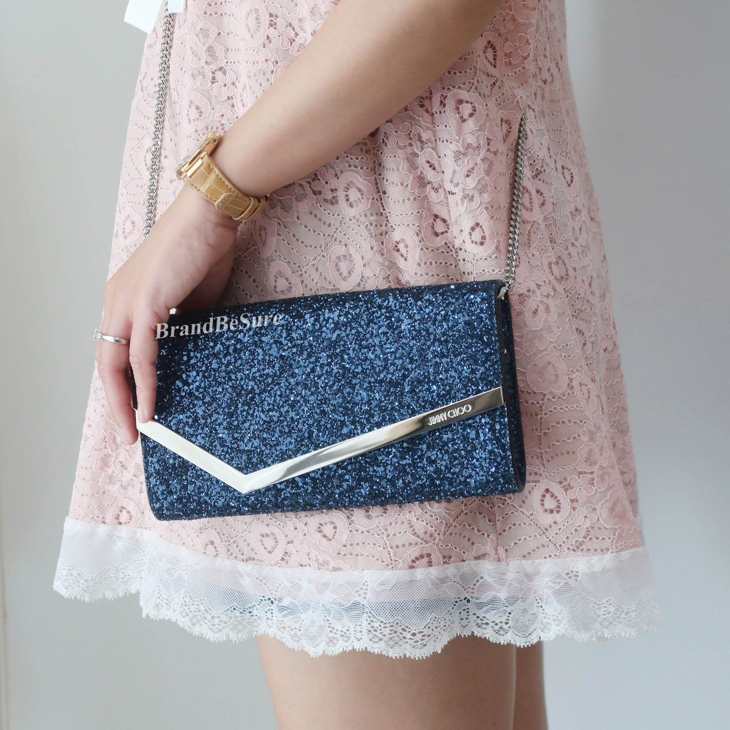 Jimmy Choo Blue Metallic Emmie Chain Wallet