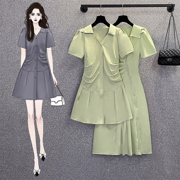 เดรสคนอ้วน 2022 เดรสคอปก สีเทา สีเขียวอ่อน BY PLUS SIZE Girl