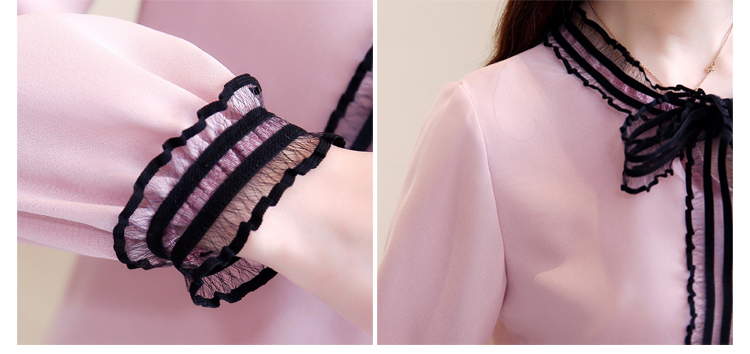 Blouse4049 เสื้อแขนยาวสีชมพู คอผูกโบว์ลูกไม้เพิ่มดีเทลความน่ารัก ผ้าโพลีเนื้อดีนุ่มหนามีน้ำหนักทิ้งตัว
