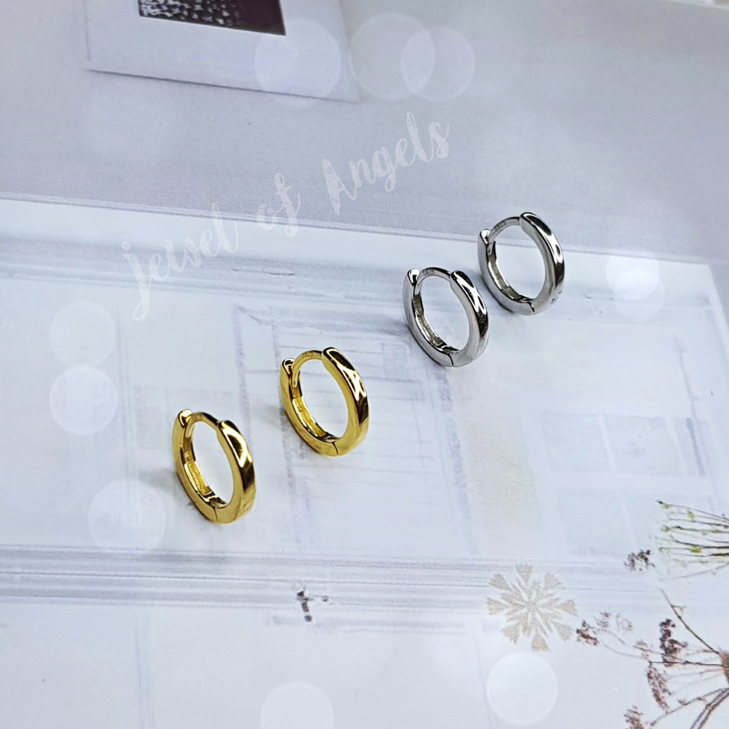 ต่างหูห่วงเงินแท้ S925 รุ่น Free ห่วงเรียบขอบเหลี่ยม สูงวงนอก9.5mm สีเงิน สีทอง ตุ้มหูห่วง Silver925