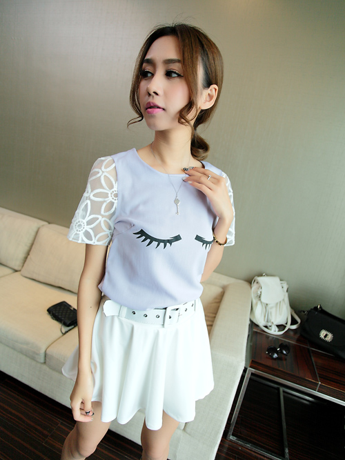 Blouse3689 เสื้อแฟชั่นผ้าชีฟองสีพื้นอกแต่งลายขนตา แขนผ้าแก้วปักลายลูกไม้ งานน่ารักเก๋ๆ ดูดีแมทช์ง่าย ใส่กับอะไรก็สวย