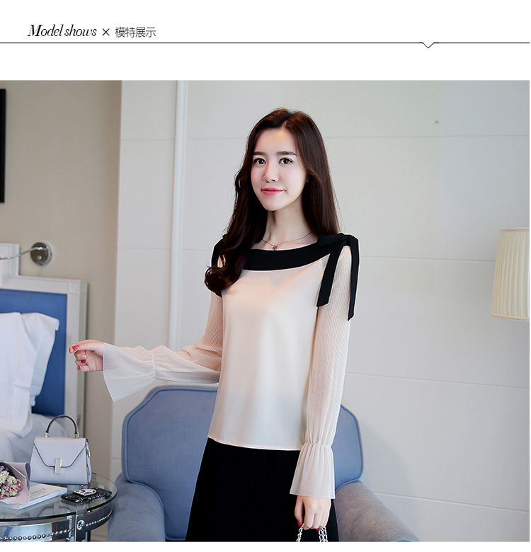 Blouse3781 เสื้อแขนยาวผูกโบว์ไหล่แต่งขอบอกสีดำตัดกับตัวเสื้อดูมีดีเทล ผ้าโพลีเนื้อดี งานสวยแมทช์กับอะไรก็ดูดี ใส่เที่ยว/ใส่ทำงานได้ มี 2 สี ขาว, ครีม