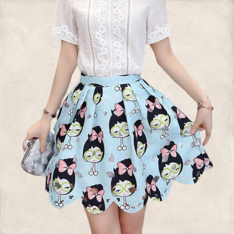 Skirt304 กระโปรงลายการ์ตูนโทนสีฟ้าแต่งชายหยัก ซิปหลัง มีซับใน ผ้าเนื้อดี งานน่ารัก แมทช์กับเสื้อได้หลายแบบ