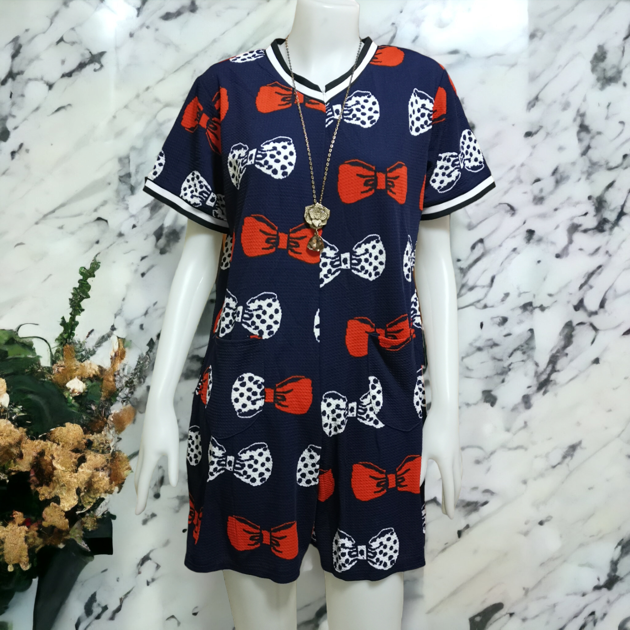 Jumpsuit637-สีกรม Big Size Jumpsuit จัมพ์สูทไซส์ใหญ่ลายโบว์ คอวี ซิปหน้า ผ้าวูลเวฟ(ผ้าหนังไก่)เนื้อดีนุ่มยืดหยุ่นสูงใส่สบาย