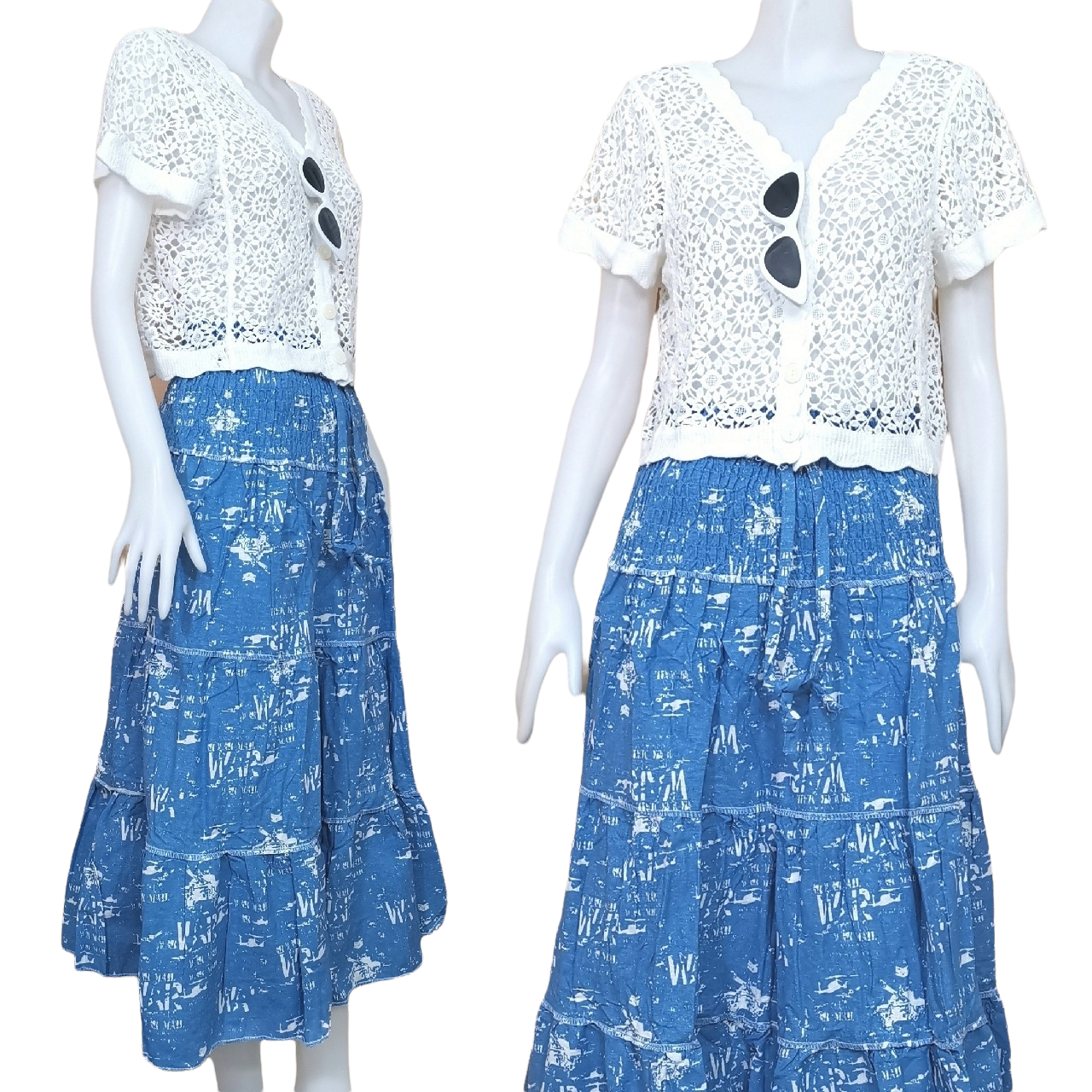 Skirt403-406 กระโปรงยาวลายดอกไม้ เอวสม็อคยางยืด ผ้าคอตตอนยีนส์, ผ้าสกินนี่เนื้อดีมีน้ำหนัก งานสวยน่ารักทรงนี้มีติดตู้ไว้ใส่ได้เรื่อยๆ งานน่ารักแมทช์กับอะไรก็เข้า