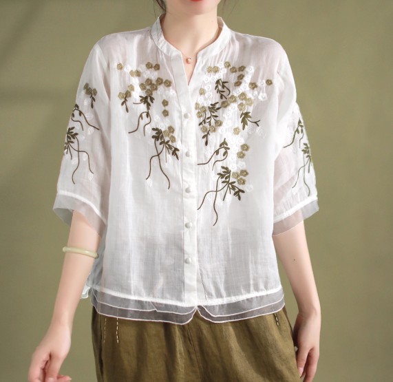 เสื้อแฟชั่น ผู้หญิง เสื้อยืด ผ้าฝ้าย งานปัก ลายดอกไม้ สไตล์ คอจีน ใส่เที่ยว แบบสวย ๆ มีสไตล์ 328459