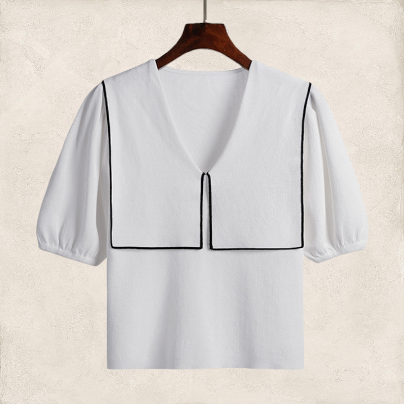 Blouse3895-White เสื้อแฟชั่นนำเข้า เสื้อไหมพรมคอวีแขนตุ๊กตาแต่งปกเก๋ๆ เพิ่มดีเทลความน่ารัก งานผ้าไหมพรมเนื้อดีนุ่มเนียนยืดขยายได้เยอะใส่สบาย
