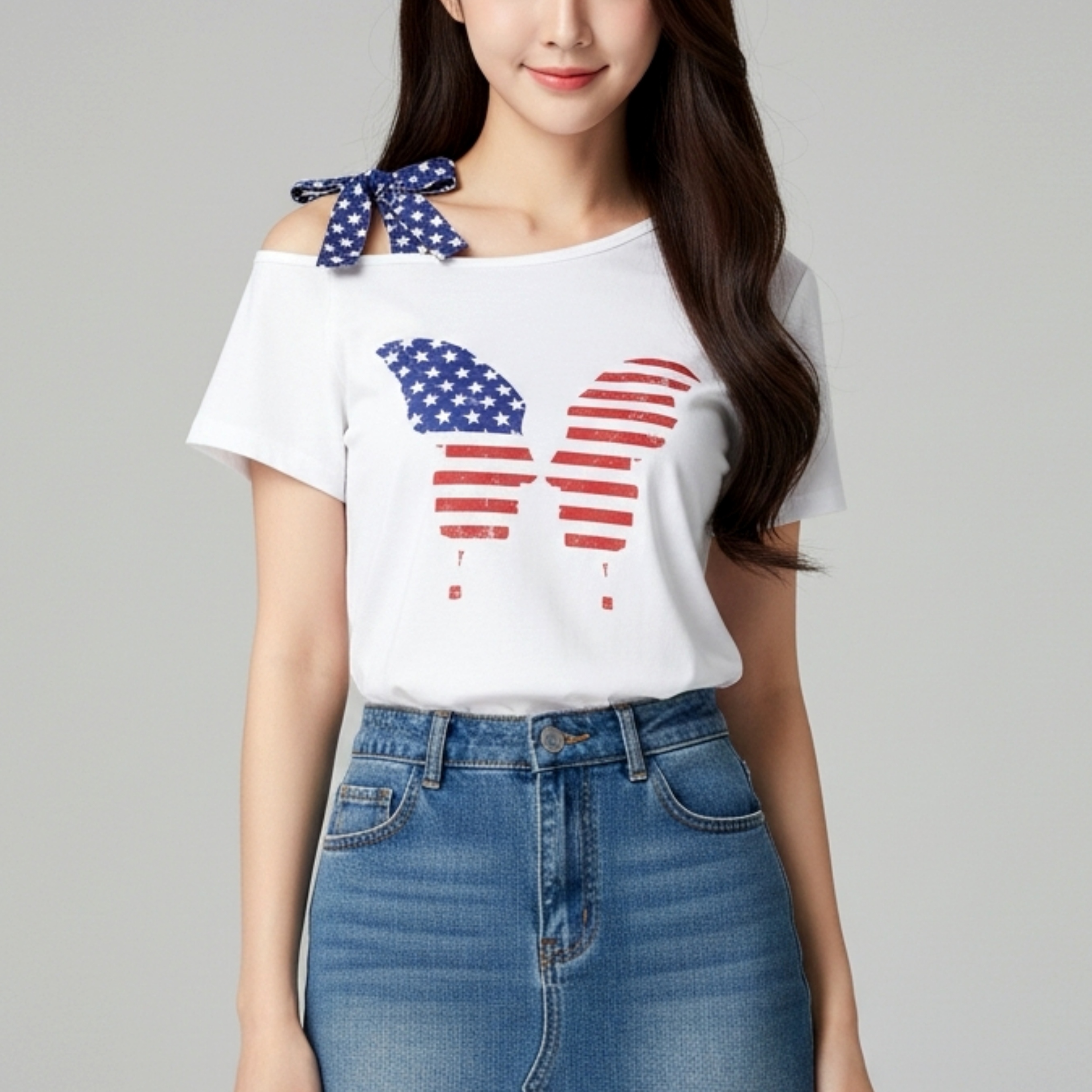 🎀 Blouse3986 เสื้อยืดเปิดไหล่ข้างเดียวสีขาว ผ้าคอตตอนซอฟท์นุ่มใส่สบาย ดีไซน์โบว์ผูกและลายผีเสื้อเพิ่มเสน่ห์ดูน่ารักสดใสแมทช์ง่าย