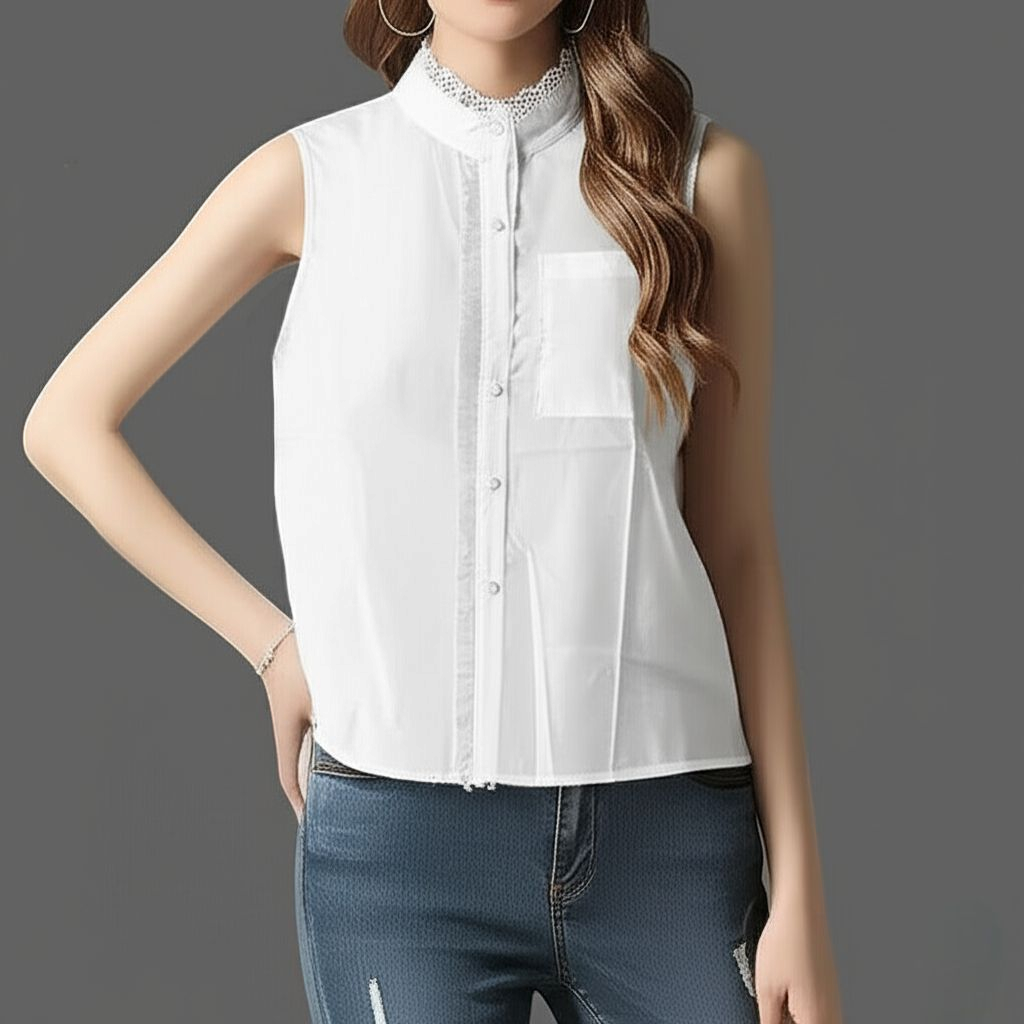 Blouse3980 เสื้อแฟชั่นนำเข้า เสื้อเชิ้ตสีขาวแขนกุด คอจีนแต่งลูกไม้ กระดุมผ่าหน้าแต่งระบาย กระเป๋าอก ผ้าไมโครเกรดพรีเมียมเนื้อดีหนานุ่มใส่สบาย งานสวยสไตล์เกาหลี แมทช์กับอะไรก็เข้า ใส่เที่ยว/ใส่ทำงานได้