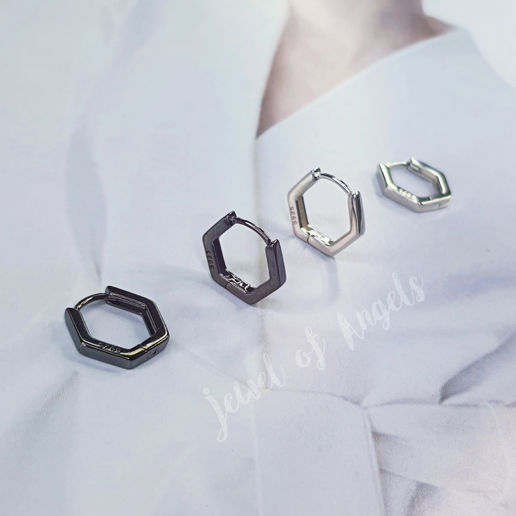 ต่างหูห่วงเงินแท้ S925 รุ่น Hexagon ห่วงหกเหลี่ยม มินิมอล สีเงิน สีดำ ตุ้มหูห่วง เงินแท้ทั้งชิ้น Silver925