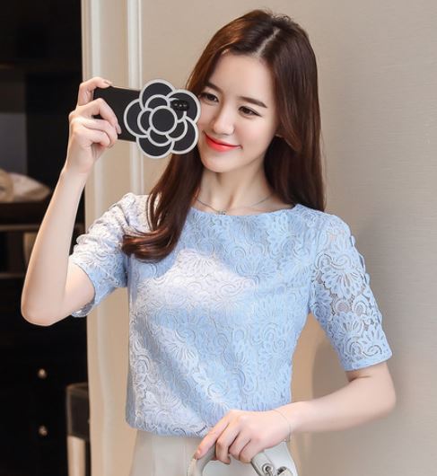 เสื้อผ้าลูกไม้ แขนสั้น สีฟ้า สีขาว แต่งโบว์ ที่แขนเสื้อ เสื้อลูกไม้ แบบคอกว้าง ใส่สวย หวาน ๆ เสื้อลูกไม้ ใส่ทำงาน 697239