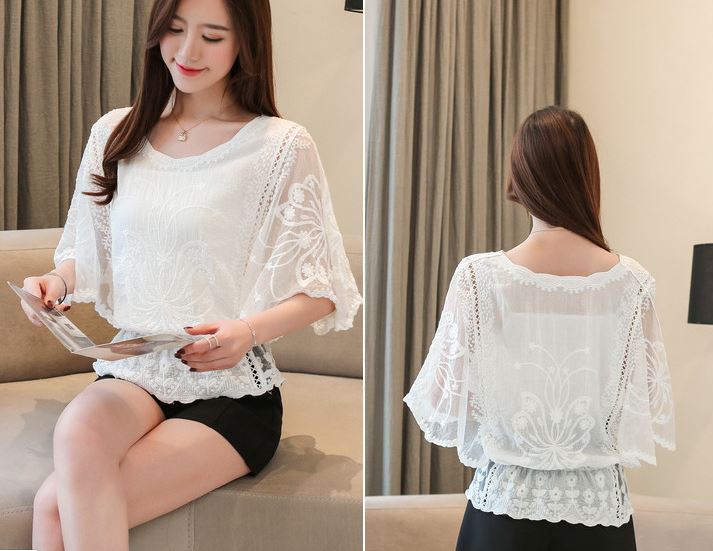 เสื้อผ้าลูกไม้ ผสมผสาน กับ ซีทรู สวย หวาน สไตล์ คุณหนู คุณนาย เสื้อลูกไม้ แขนใหญ่ เอวจั้ม ใส่สวย เข้ากับ กางเกง 243838