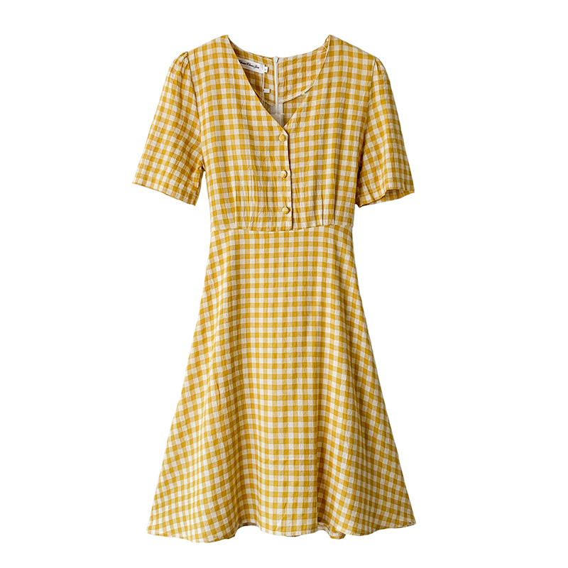 Dress4549 เดรสลายสก็อตคอวีกระดุมหน้าแกะได้ ซิปหลังใส่ง่าย มีผ้าผูกเอว ผ้าคอตตอนลินินเนื้อดีใส่สบาย งานดีทรงดี ทรงนี้น่ารักใส่ได้เรื่อยๆ ใส่ทำงาน/ใส่เที่ยว ชุดเดียวจบ มี 2 สี เหลือง, แดง