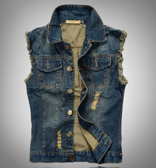 เสื้อแจ็คเก็ตยีนส์ แขนกุด สำหรับ หนุ่มสาว นักซิ่ง Jacket ยีนส์ แบบเซอร์ ๆ ลุย ๆ สียีนส์ เข้ม แต่งแขน รุ่ย ๆ กระดุมหน้า กระเป๋า 2 ข้าง 17505
