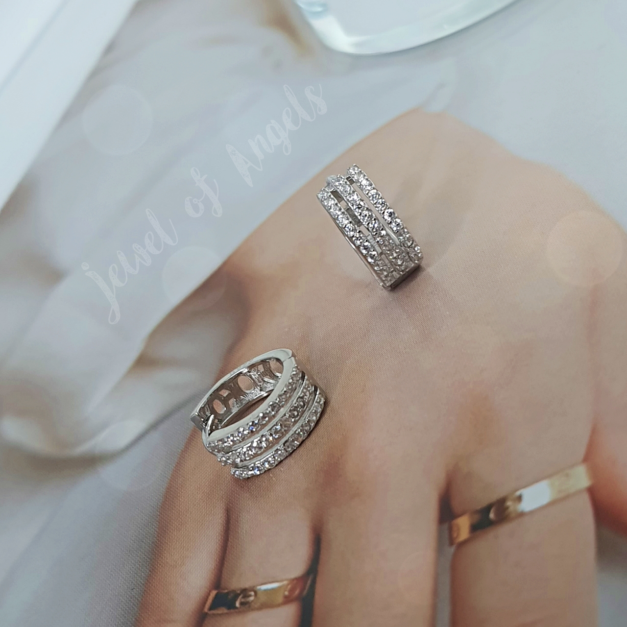 ต่างหูเงินแท้ S925 รุ่น Tiara ห่วงเพชรCZ 3แถว สูง 11.5mm เงินแท้ทั้งชิ้น Silver925 ตุ้มหูเงินแฟชั่น