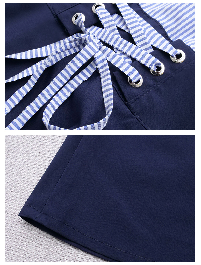 Dress4617 เดรสปาดไหล่ลายริ้วเล็กสีฟ้าขาวตัดต่อกระโปรงผ้าซาร่าสีพื้นกรม แขนสามส่วนผูกโบว์ เอวแต่งเชือกผูก
