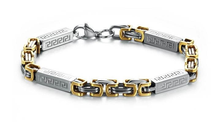 สร้อยข้อมือผู้ชาย กำไลข้อมือผู้ชาย ดีไซน์ โซ่ทอง สลับกับเสาสีเงิน 316 Titanium steel สลักอักษณ โรมัน ไม่ลอกไม่ดำ no 98696