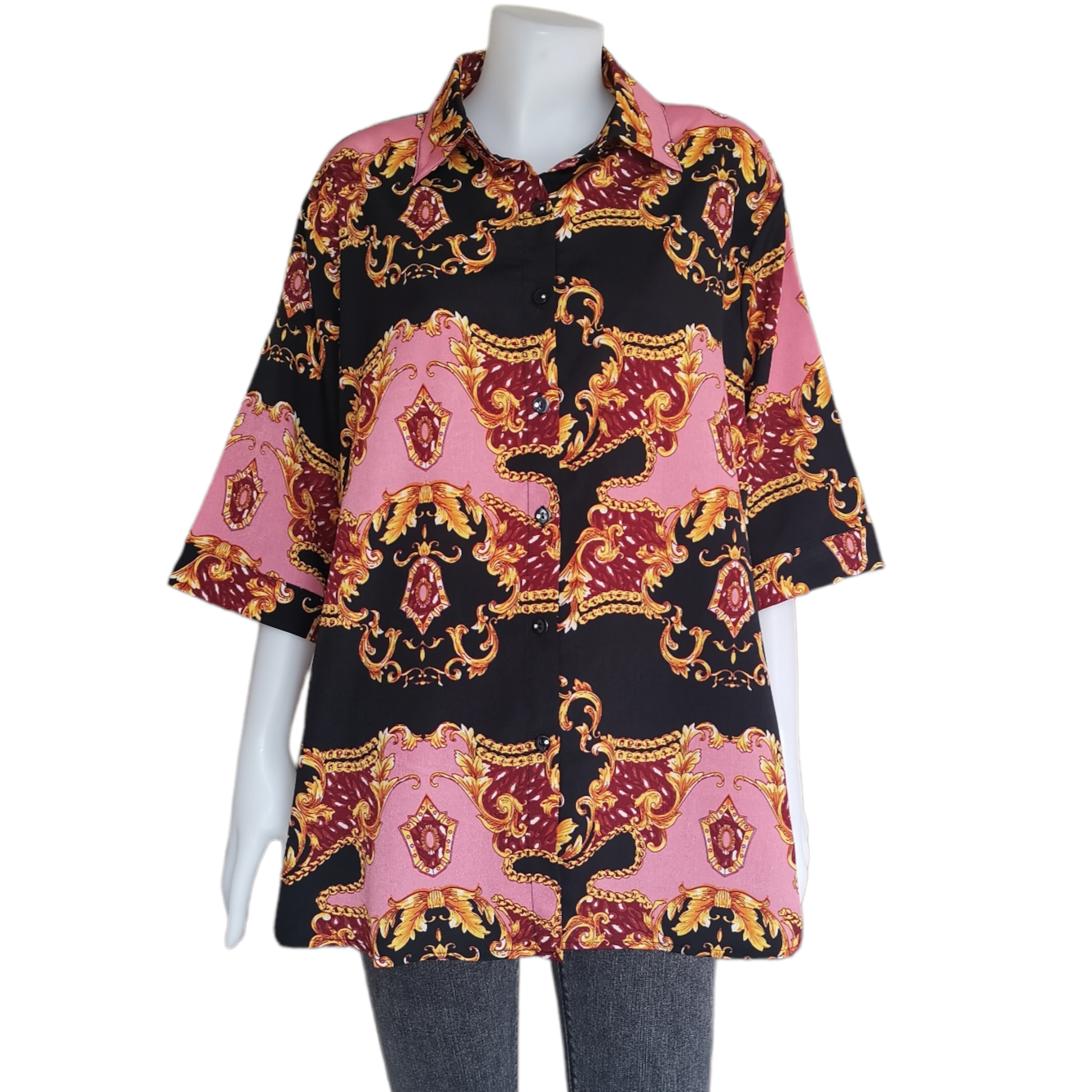 Blouse3735 เสื้อเชิ้ตไซส์ใหญ่ลายวินเทจ กระดุมหน้า แขนยาวสามส่วน ผ้าชีฟองเนื้อหนาทิ้งตัวใส่สบายสุด