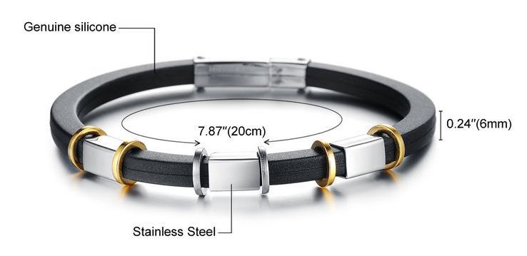 สร้อยข้อมือผู้ชาย กำไลข้อมือชาย สาย Silicone แท้ สีดำ ตกแต่งด้วย ห่วง สแตนเลส ทอง และ เงิน สลับกัน สวยเท่ มากค่ะ no 399249