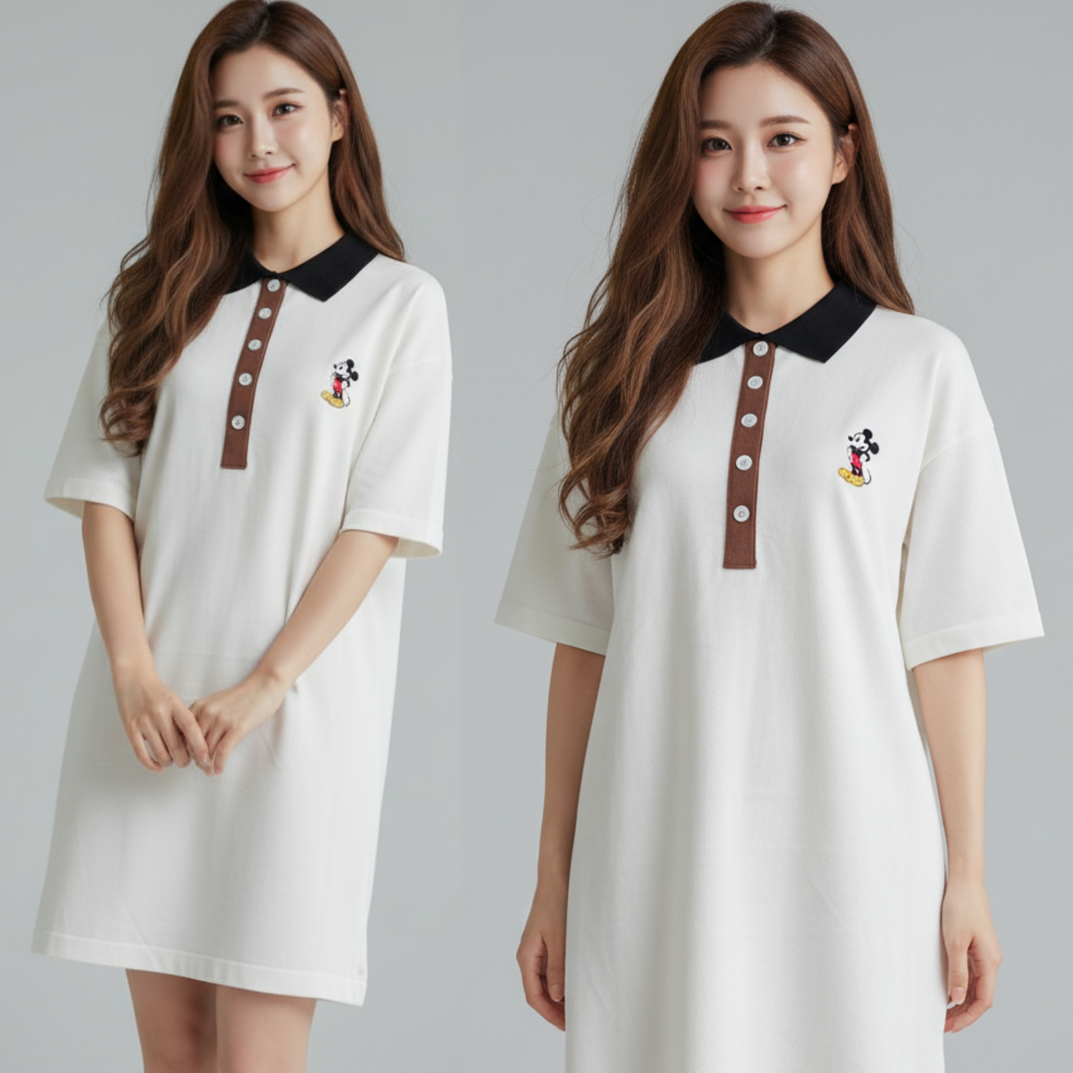 🌟 Dress4691 เดรสไหมพรมมิกกี้ขาวครีม โปโลคอปกดำ สวยคิวท์ใส่สบาย