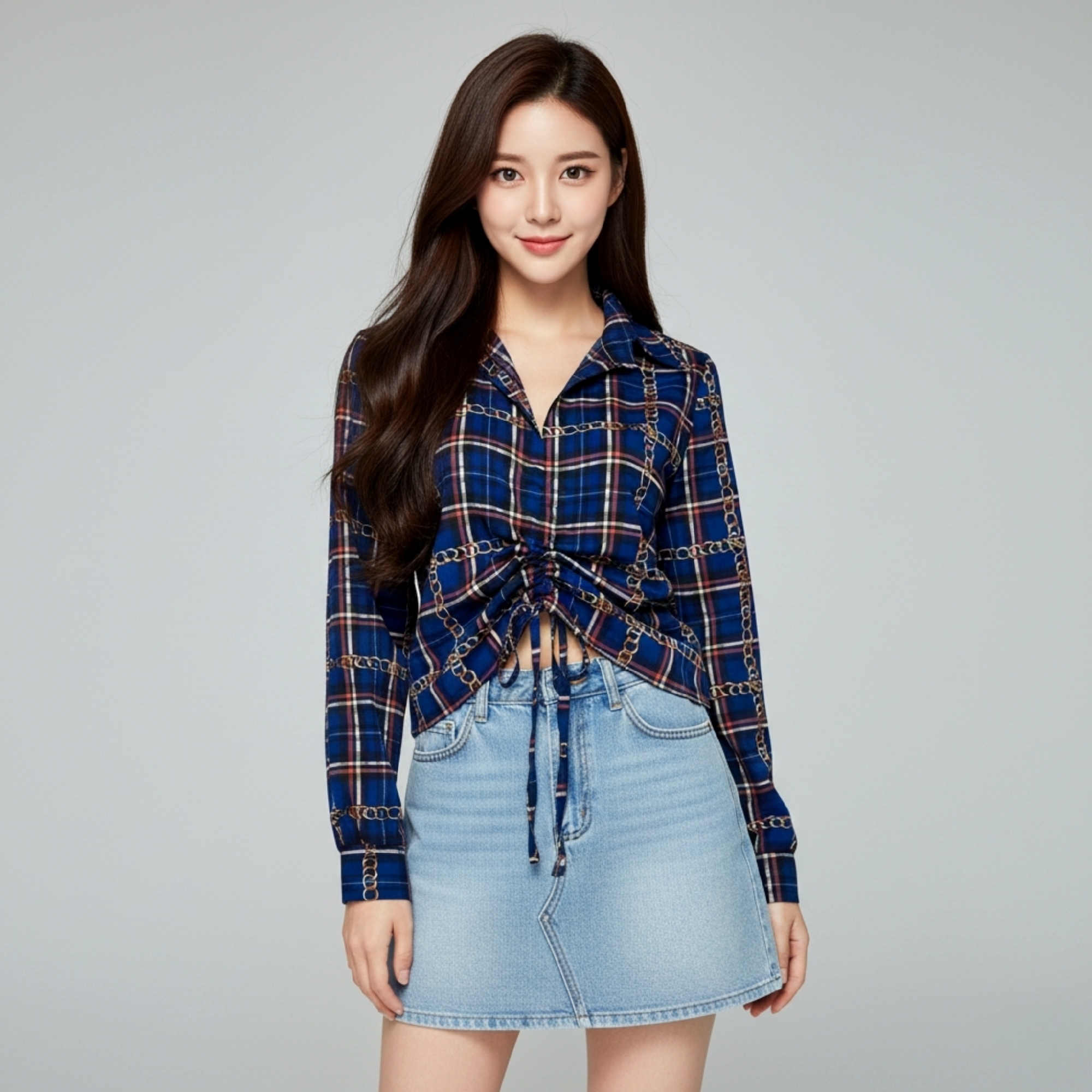 👚 Blouse3951-Blue เสื้อเชิ้ตแขนยาวลายสก็อตโทนสีน้ำเงินผ้าชีฟองเนื้อหนา ดีไซน์ผูกเชือกรูดหน้าเก๋ ทรงดูดีสไตล์พรีเมียม ใส่ง่ายได้ทุกโอกาส