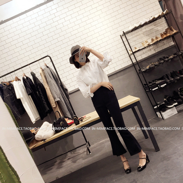 กางเกงขายาว 5 ส่วน ผ่าหน้า ผ้าใยสังเคราะห์ ยืดได้นิดหน่อย ไม่หนา พร้อมส่ง black