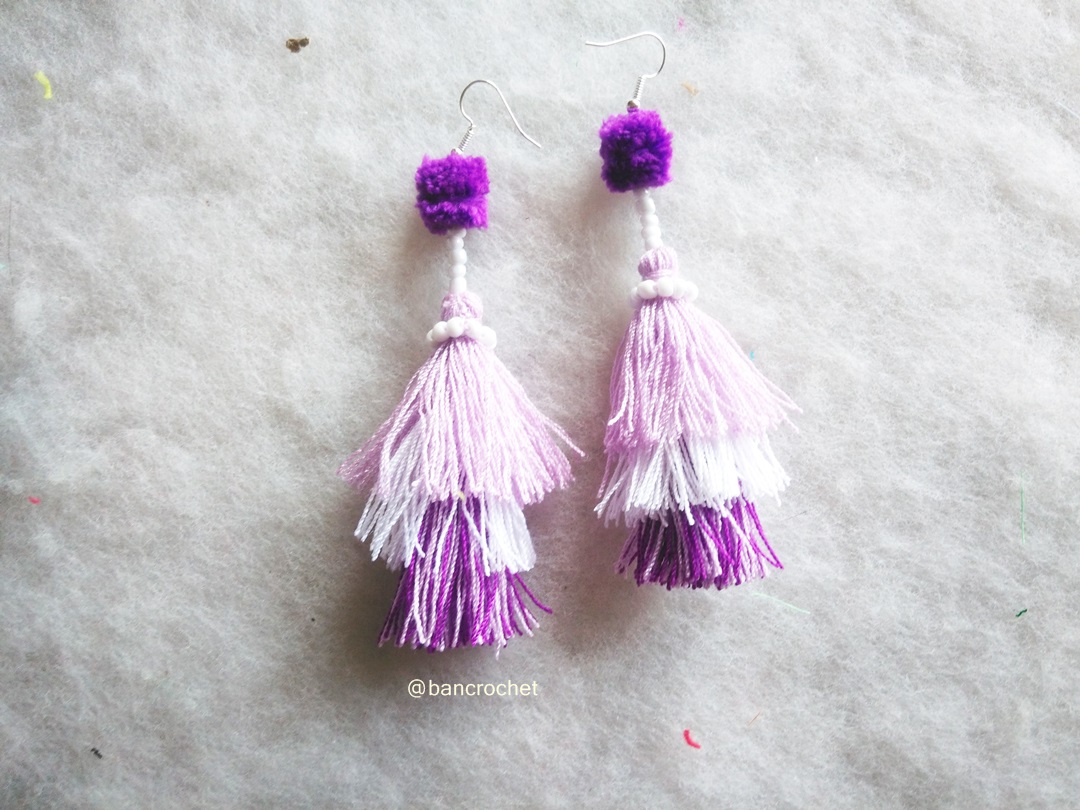 ต่างหูถักโครเชต์ crochet earrings สีม่วง 5 นิ้ว