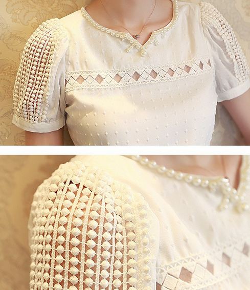 เสื้อแขนสั้น แฟชั่น ผ้าชีฟอง คอวี เล็กน้อย ปักมุข รอบคอ ดีไซน์ แขนจั้มเล็กน้อย ส่วนไหล่ ถักตาข่าย โชว์ไหล่เล็กน้อย ดีไซน์เก๋มากค่ะ no 75740